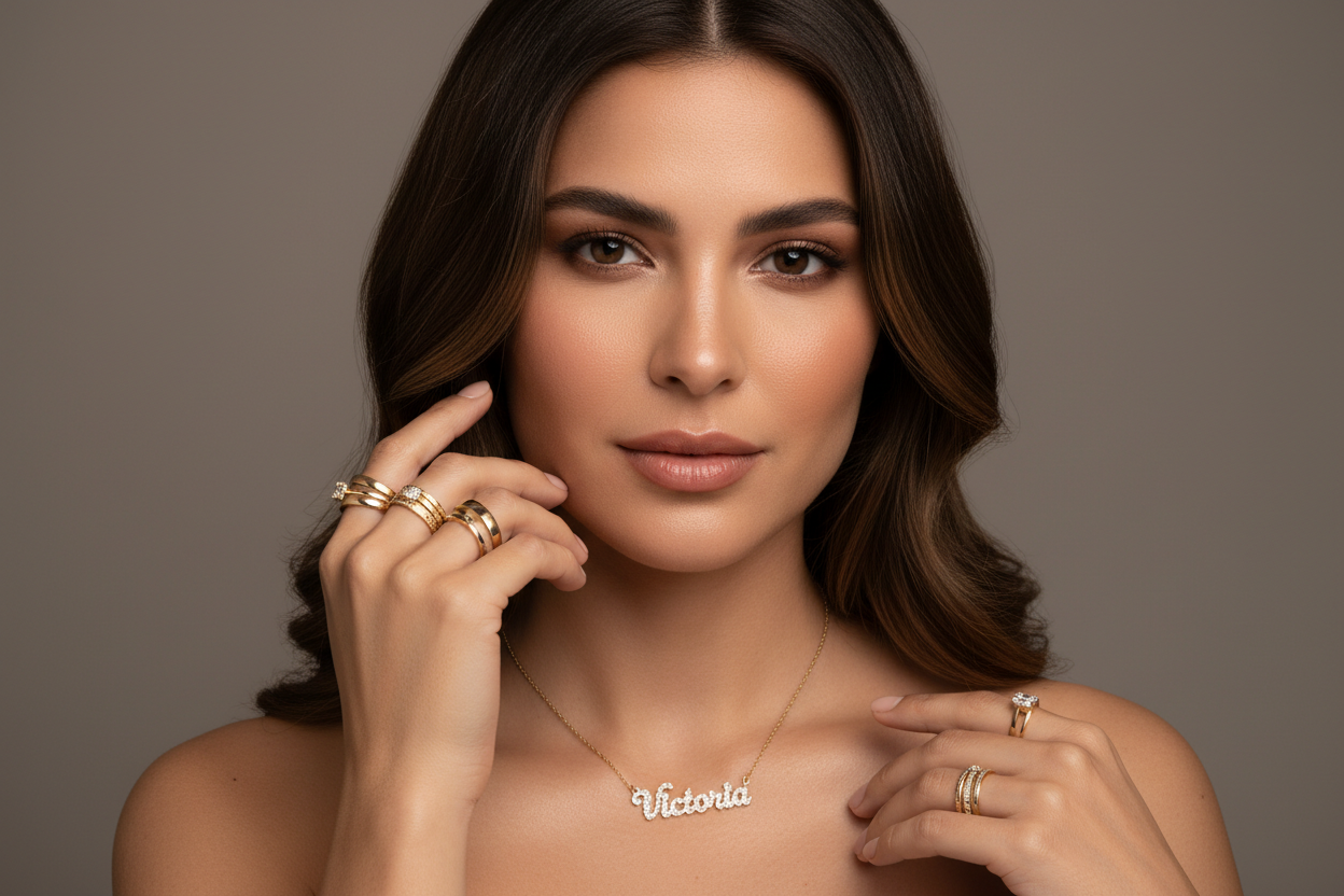 Generame una imagen de una modelo con una cadena con dije de oro de nombre "Victoria" con diamantes y varios anillos de oro. La modelo mexicana, cabello castaño
